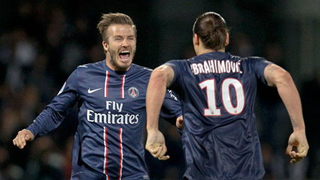 David Beckham và Ibrahimovic ăn mừng chức vô địch của PSG.